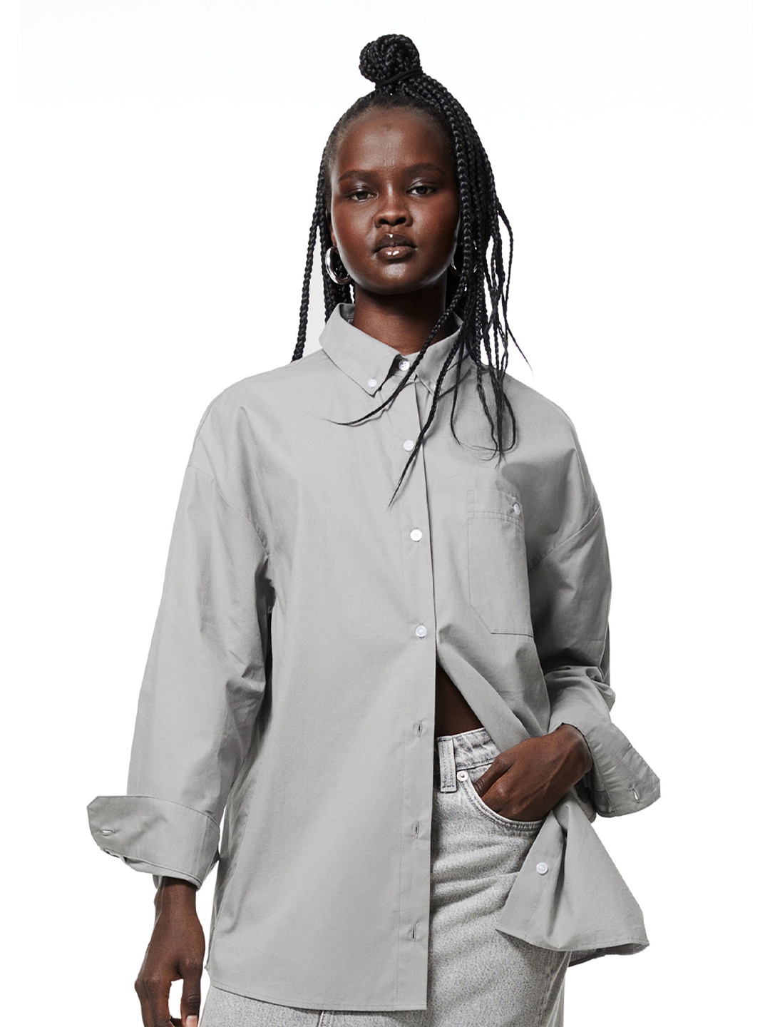 H&M Pure Cotton Oversized Poplin Shirt, Grey