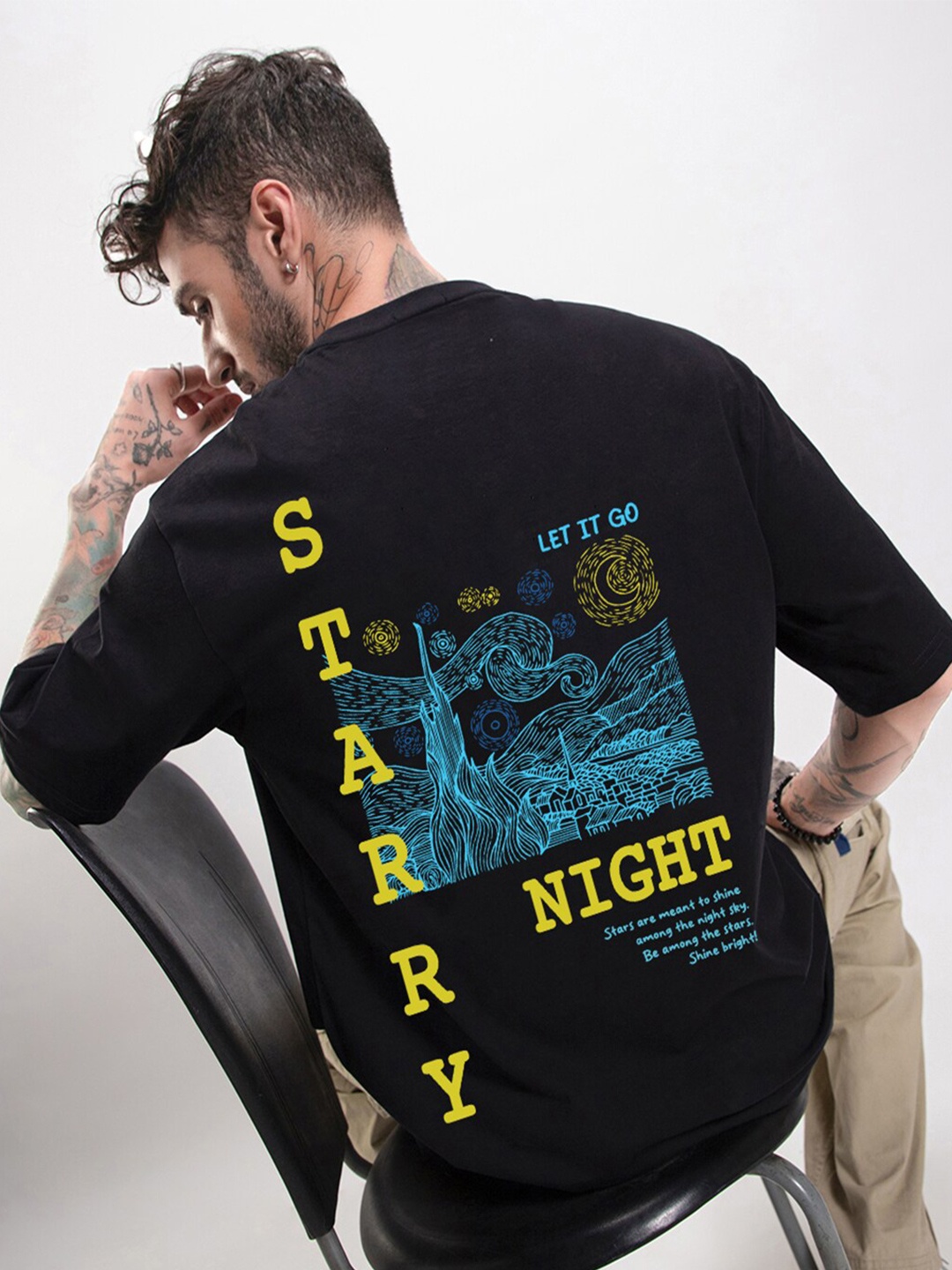Bewakoof Black Starry Night Printed Drop-Shoulder Sleeves Pure Cotton Oversized T-shirt
Bewakoof Black Starry Night Printed Drop-Shoulder Sleeves Pure Cotton Oversized T-shirt