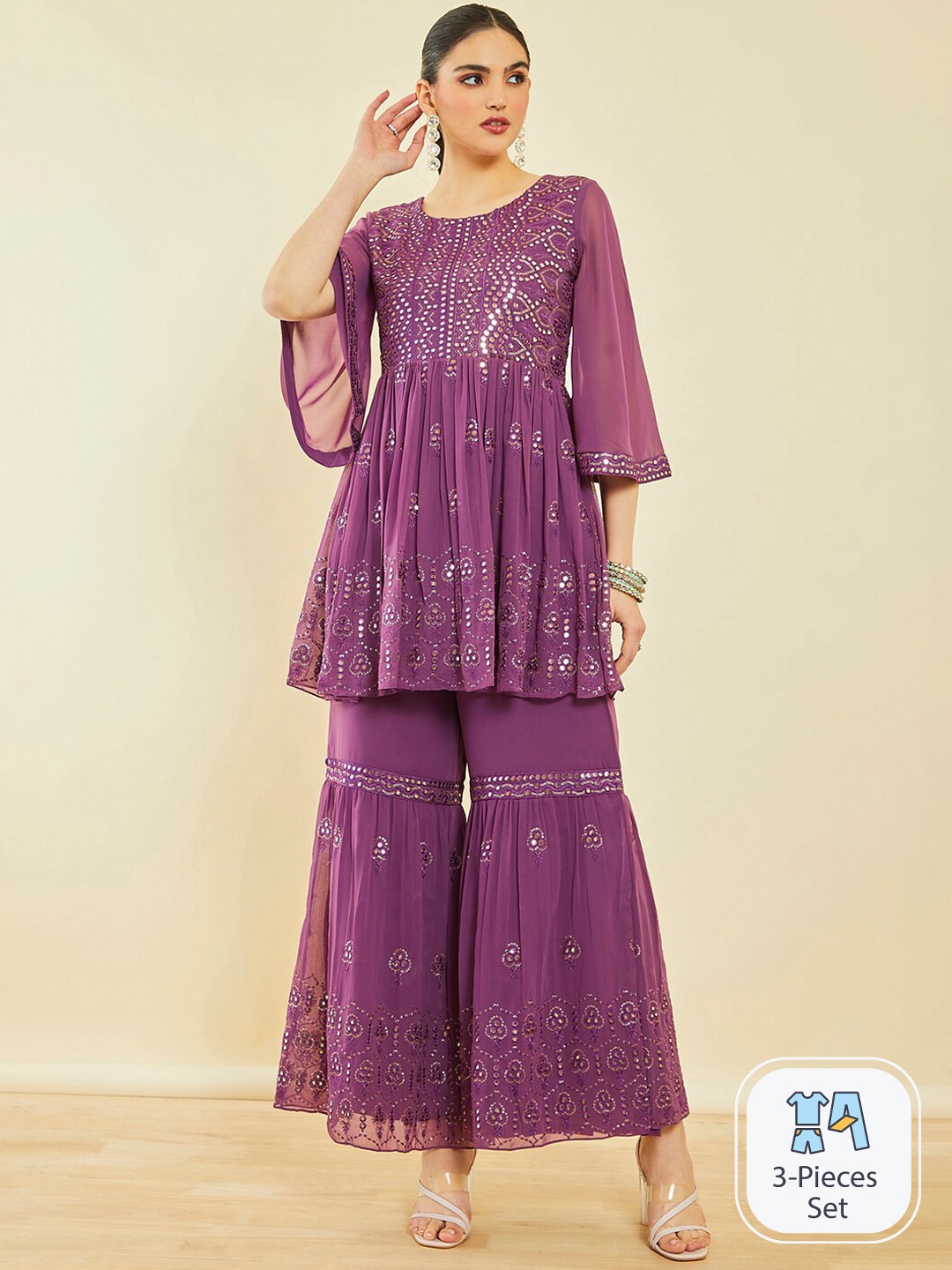 Soch Pink Ethnic Motifs Embroidered Mirror Work Georgette Kurti with Sharara & Dupatta
Soch Pink Ethnic Motifs Embroidered Mirror Work Georgette Kurti with Sharara & Dupatta