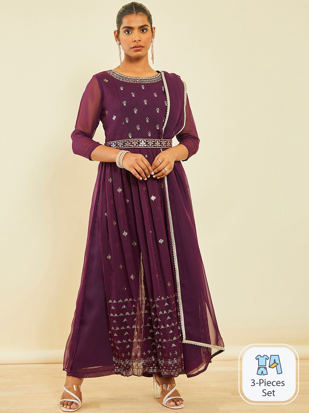 Soch Ethnic Motifs Embroidered Regular Sequinned Kurta With Palazzos & Dupatta, Burgundy
Soch Ethnic Motifs Embroidered Regular Sequinned Kurta With Palazzos & Dupatta, Burgundy