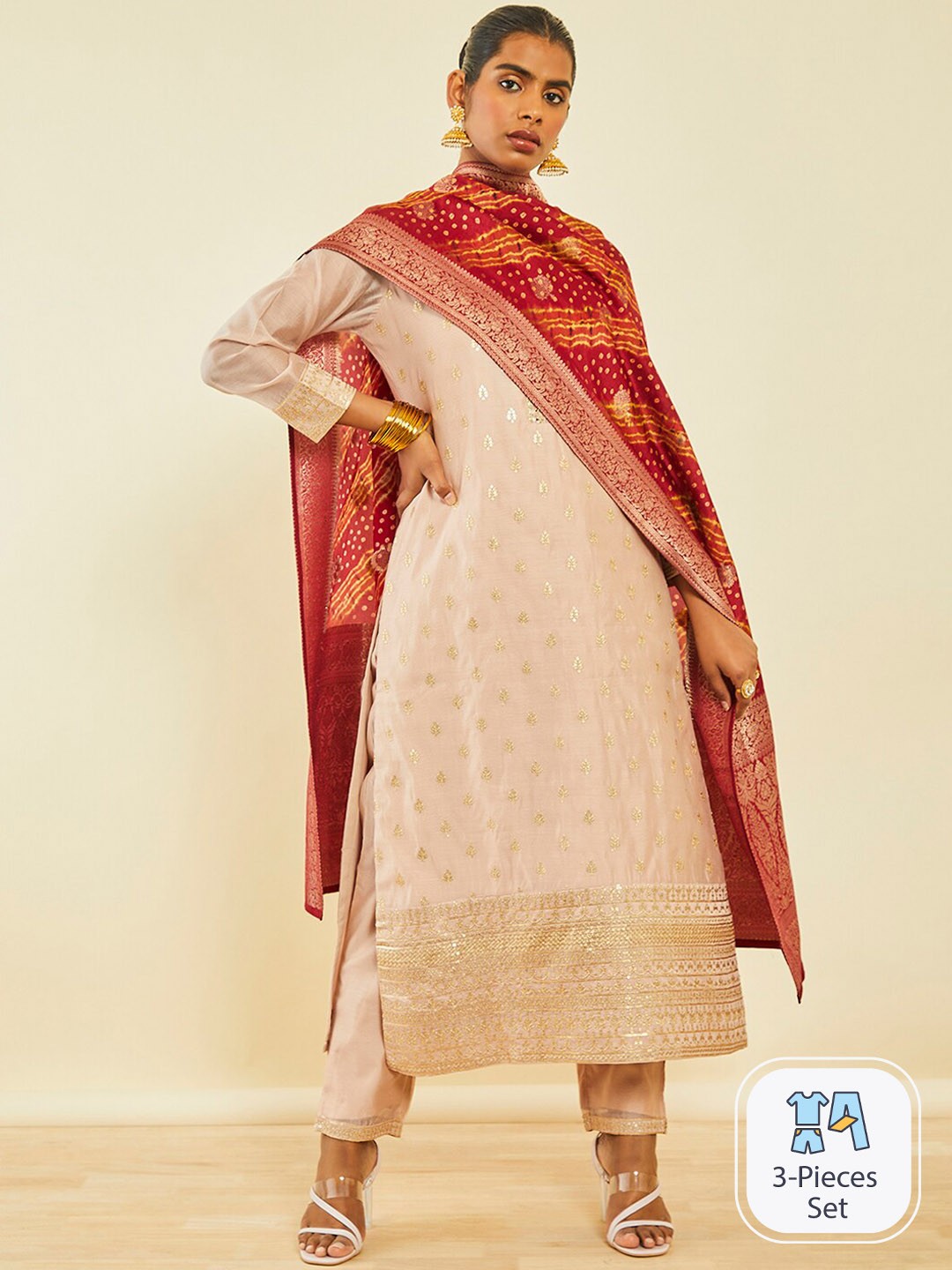Soch Ethnic Motifs Embroidered Sequinned Chanderi Silk Kurta With Trousers & Dupatta, Peach
Soch Ethnic Motifs Embroidered Sequinned Chanderi Silk Kurta With Trousers & Dupatta, Peach