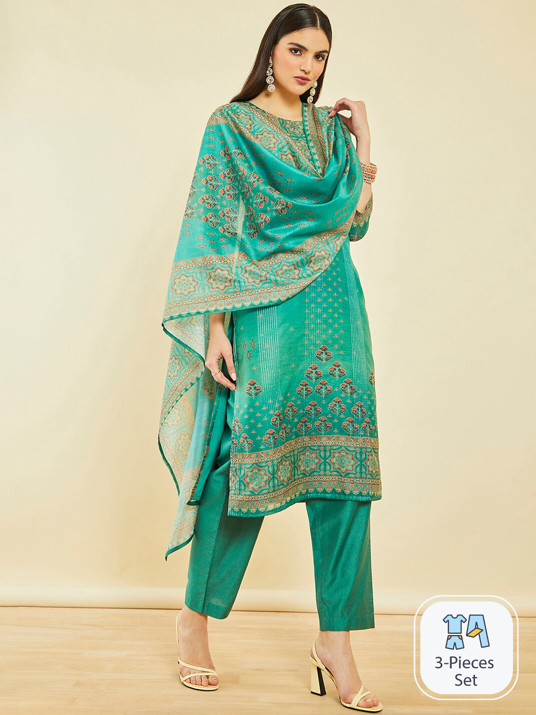 Soch Floral Printed Regular Sequinned Chanderi Silk Kurta With Trousers & Dupatta, Green
Soch Floral Printed Regular Sequinned Chanderi Silk Kurta With Trousers & Dupatta, Green