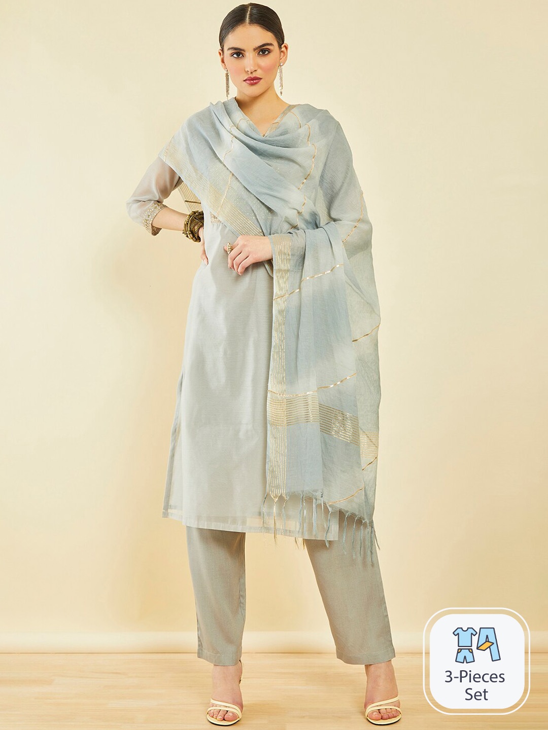 Soch Grey Ethnic Motifs Embroidered Sequinned Chanderi Silk Kurta with Trousers & Dupatta
Soch Grey Ethnic Motifs Embroidered Sequinned Chanderi Silk Kurta with Trousers & Dupatta