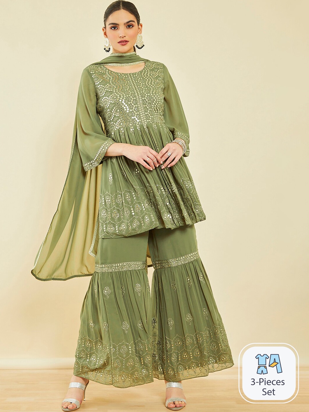 Soch Ethnic Motifs Embroidered Pleated Mirror Work Kurta With Sharara & Dupatta, Olive
Soch Ethnic Motifs Embroidered Pleated Mirror Work Kurta With Sharara & Dupatta, Olive