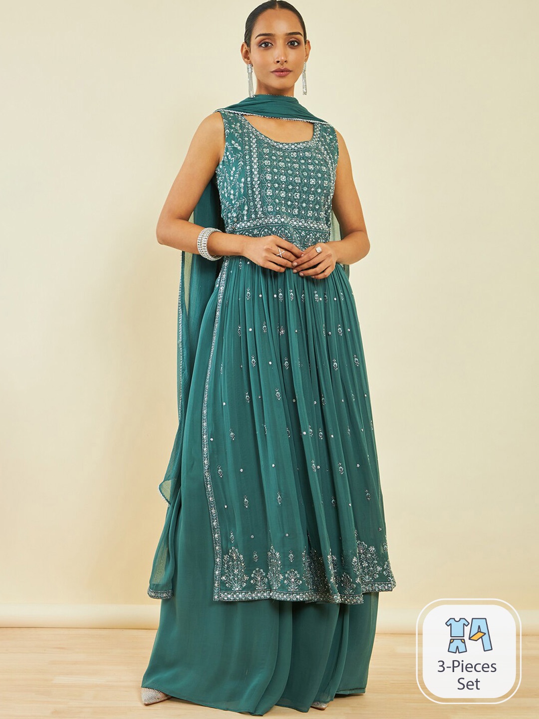 Soch Floral Embroidered Beads And Stones A-line Kurta With Palazzos & Dupatta, Teal
Soch Floral Embroidered Beads And Stones A-line Kurta With Palazzos & Dupatta, Teal