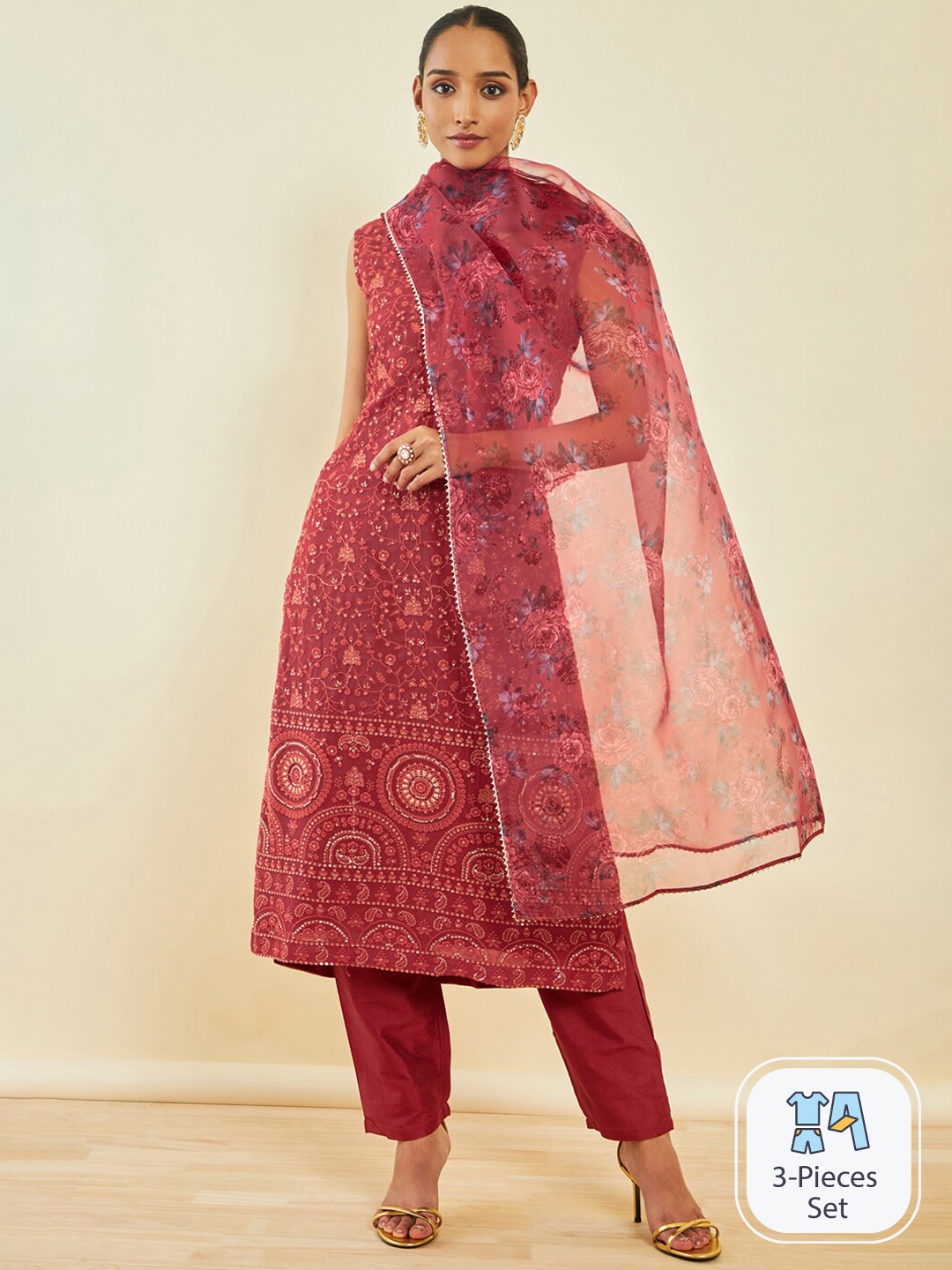 Soch Ethnic Motifs Embroidered Sequinned Georgette Kurta with Trousers & Dupatta, Coral
Soch Ethnic Motifs Embroidered Sequinned Georgette Kurta with Trousers & Dupatta, Coral