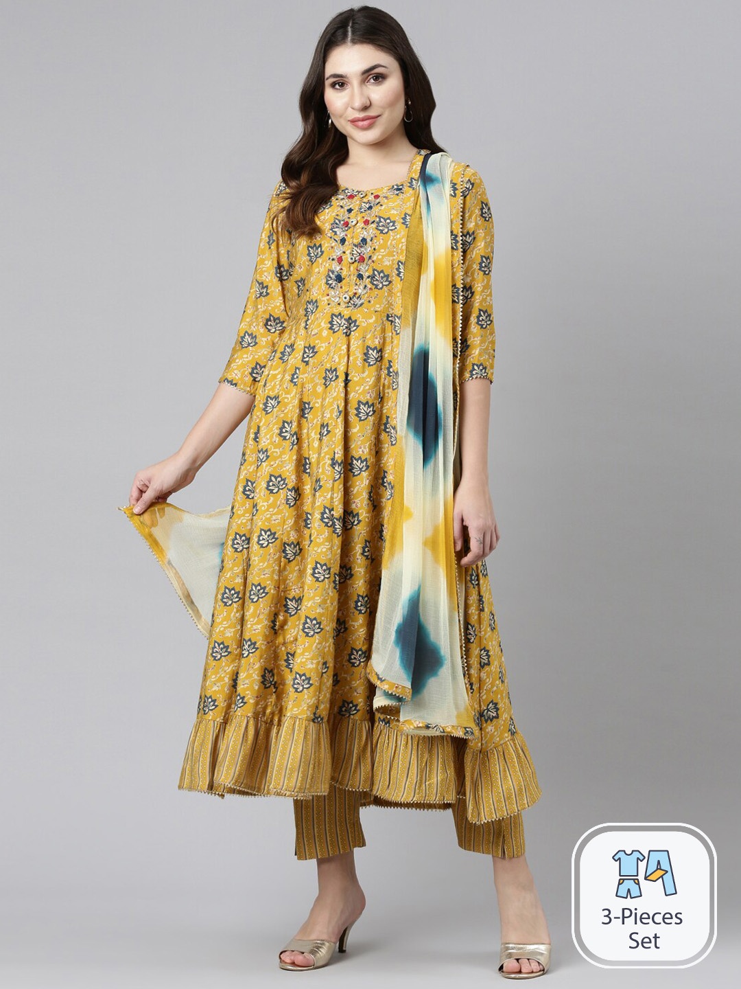 Neerus Floral Printed Regular Thread Work Anarkali Kurta & Trousers With Dupatta, Yellow
Neerus Floral Printed Regular Thread Work Anarkali Kurta & Trousers With Dupatta, Yellow