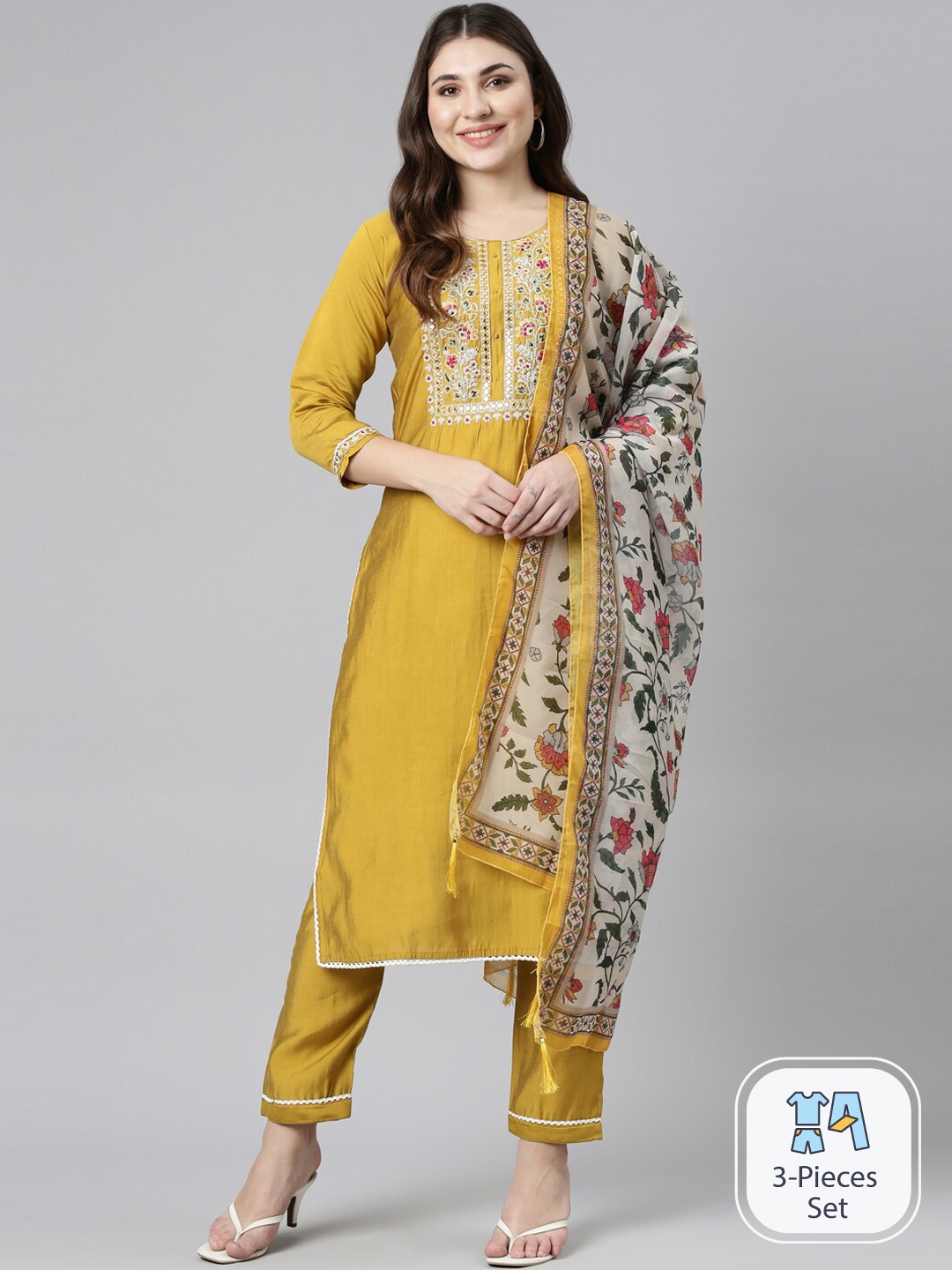 Neerus Ethnic Motifs Yoke Design Thread Work Kurta with Trousers & With Dupatta, Yellow
Neerus Ethnic Motifs Yoke Design Thread Work Kurta with Trousers & With Dupatta, Yellow