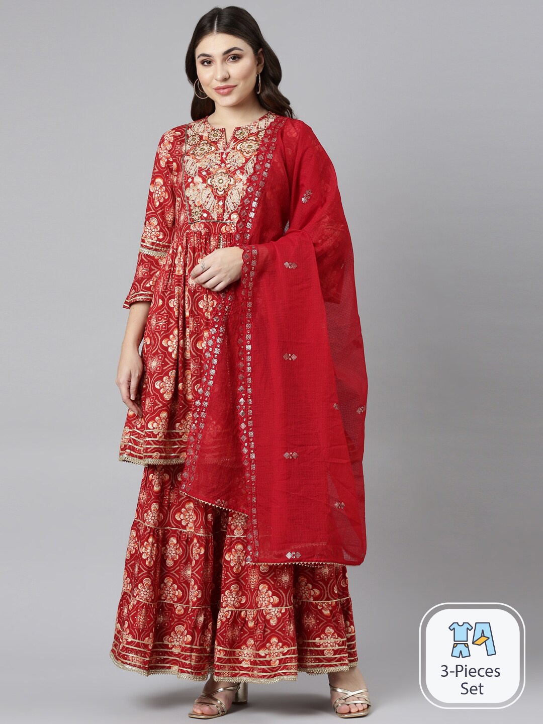 Neerus Ethnic Motifs Printed Gotta Patti Anarkali Kurta With Sharara & Dupatta, Red
Neerus Ethnic Motifs Printed Gotta Patti Anarkali Kurta With Sharara & Dupatta, Red