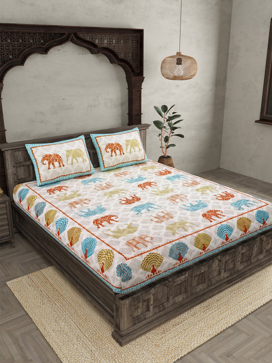 JAIPUR FABRIC White & Green Ethnic Motifs Cotton 210 TC Queen Bedsheet & 2 Pillow Covers
JAIPUR FABRIC White & Green Ethnic Motifs Cotton 210 TC Queen Bedsheet & 2 Pillow Covers