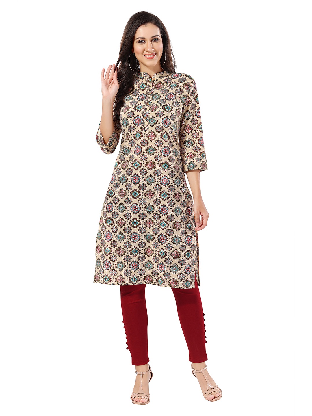 keshubaba Ethnic Motifs Printed Cotton Kurta, Beige
