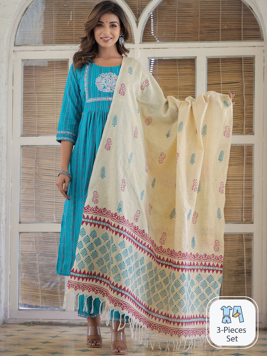 KALINI Ethnic Motifs Embroidered Pleated Chikankari Kurta with Trousers & Dupatta, Blue
KALINI Ethnic Motifs Embroidered Pleated Chikankari Kurta with Trousers & Dupatta, Blue