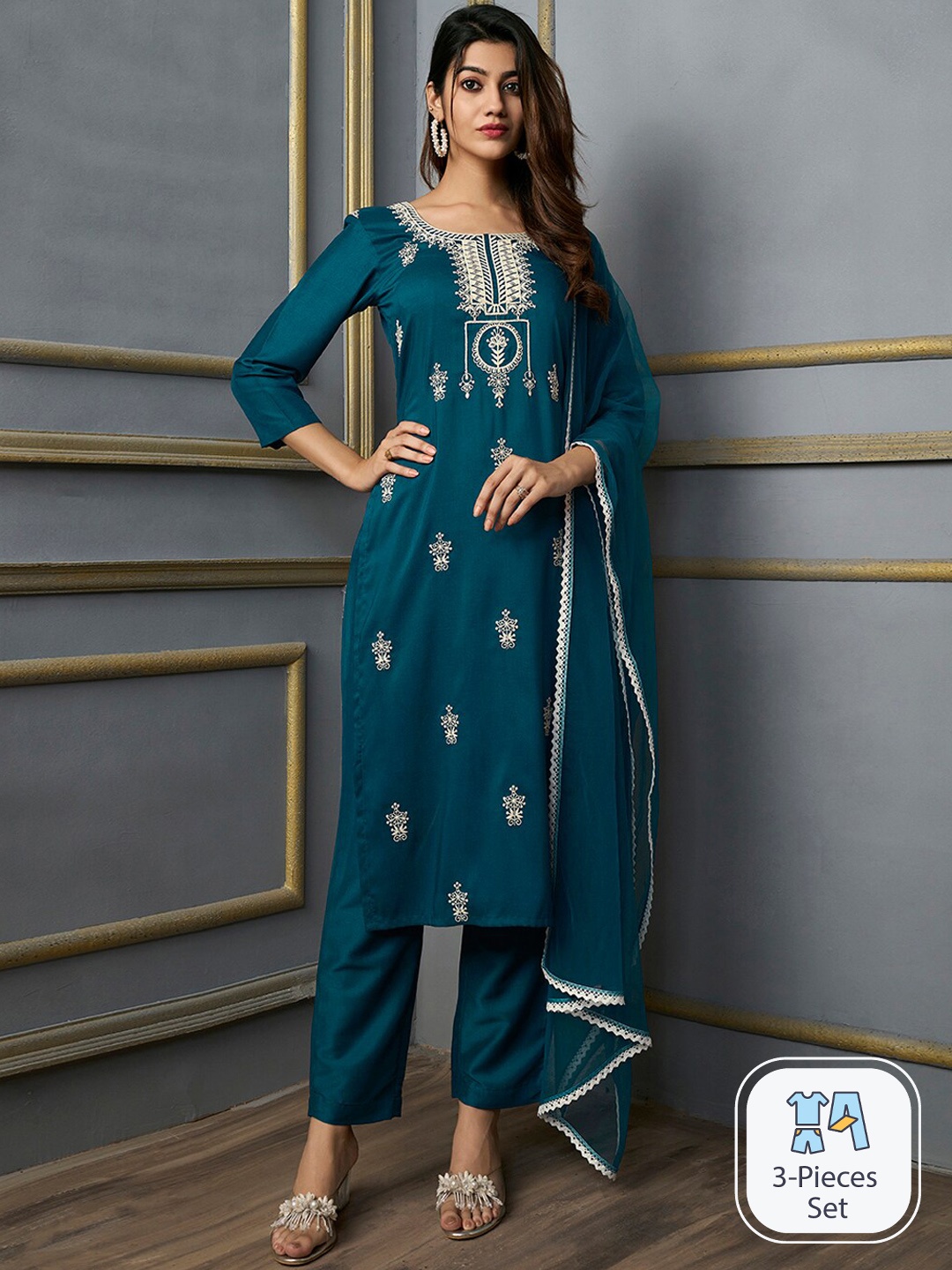 Inddus Ethnic Motifs Embroidered Thread Work Kurta with Trousers & With Dupatta, Teal
Inddus Ethnic Motifs Embroidered Thread Work Kurta with Trousers & With Dupatta, Teal