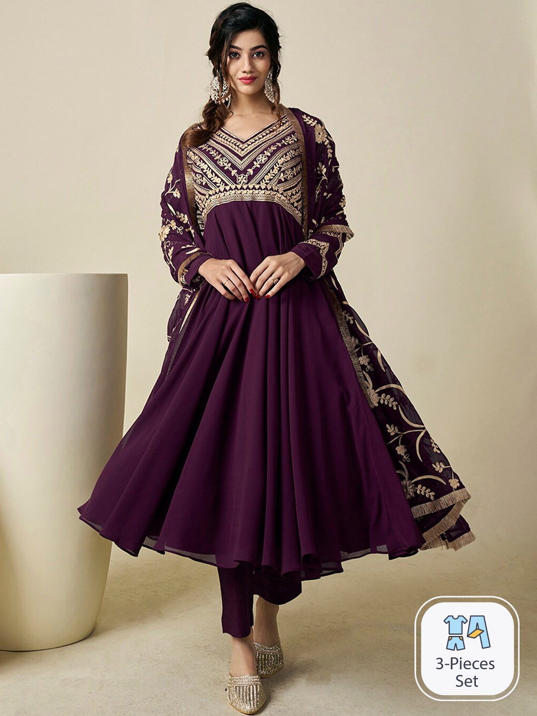 Inddus Floral Embroidered Pleated V-Neck Thread Work Kurta with Trousers & With Dupatta, Purple