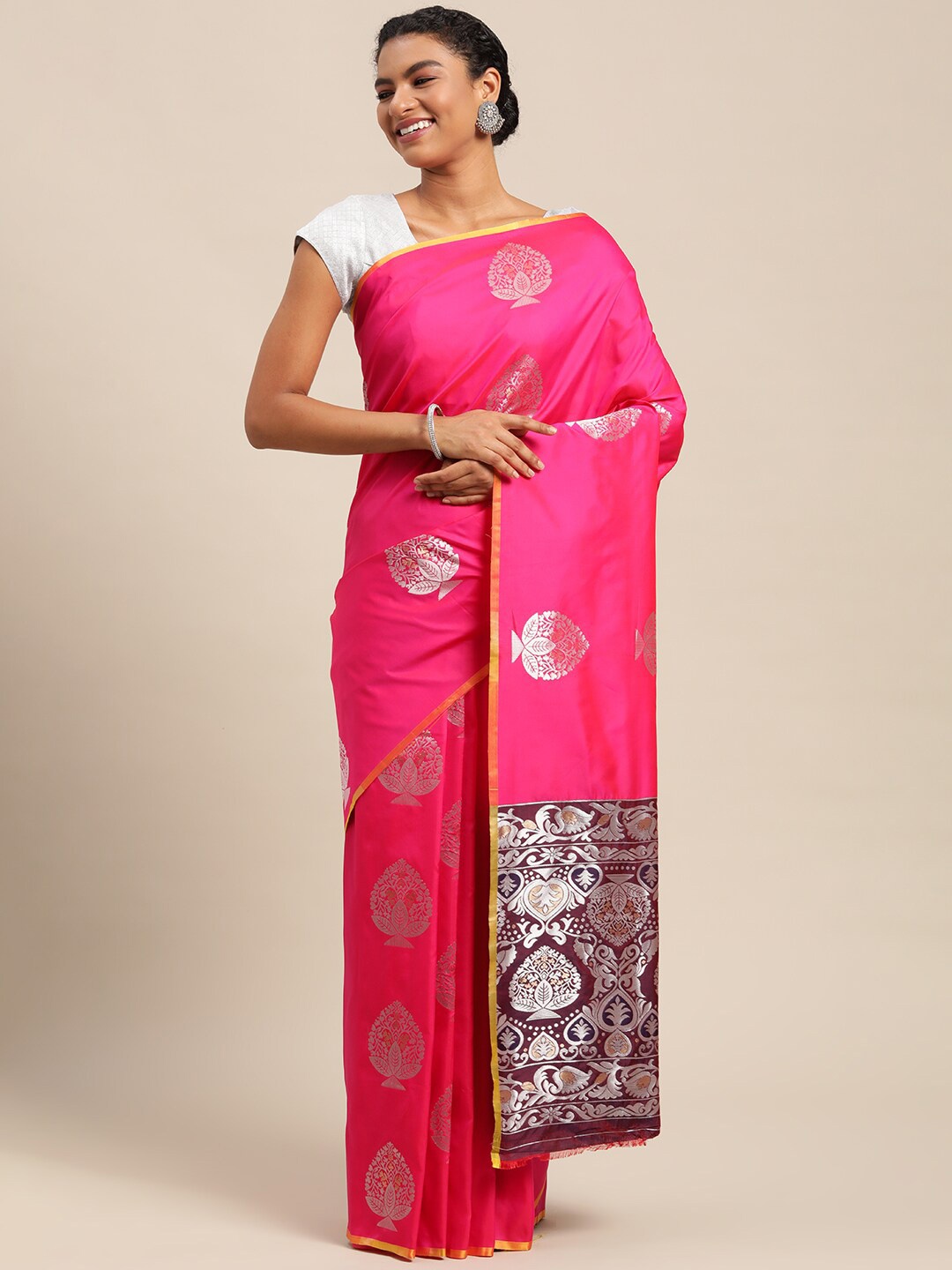 Angroop Ethnic Motifs Woven Design Zari Saree, Pink