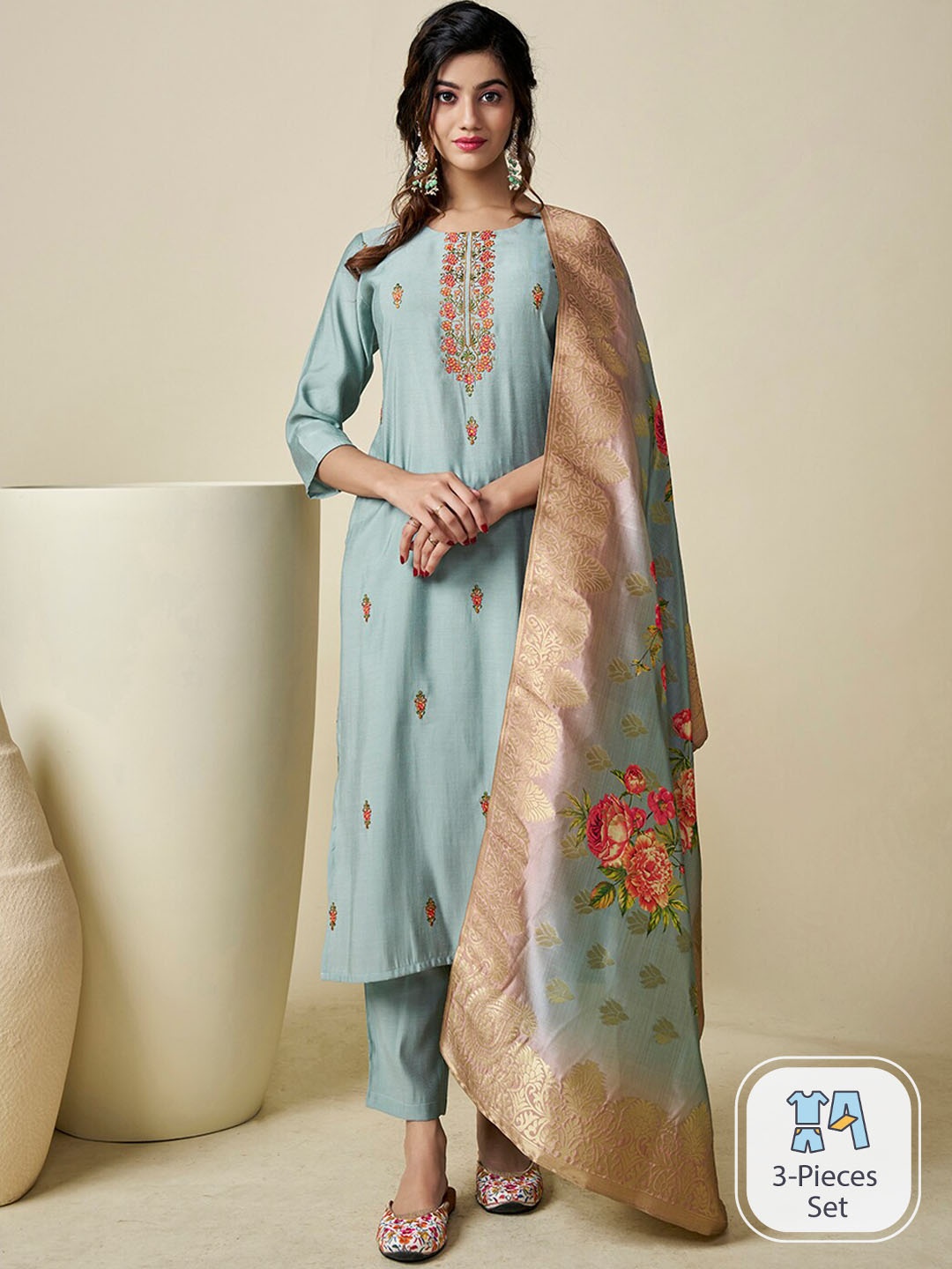 Inddus Floral Embroidered Thread Work Pure Silk Kurta with Trousers & With Dupatta, Blue
Inddus Floral Embroidered Thread Work Pure Silk Kurta with Trousers & With Dupatta, Blue