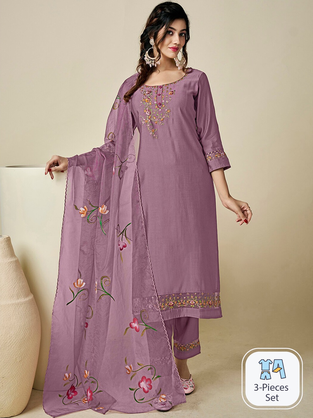 Inddus Floral Yoke Design Thread Work Pure Silk Kurta with Trousers & With Dupatta, Purple
Inddus Floral Yoke Design Thread Work Pure Silk Kurta with Trousers & With Dupatta, Purple