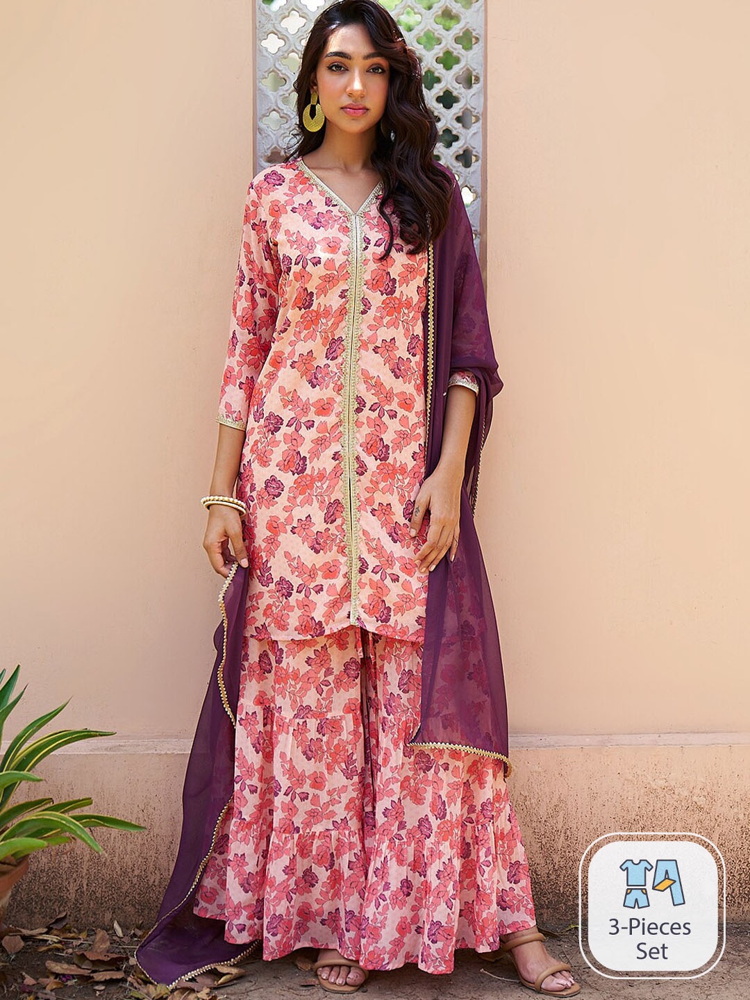 Janasya Women Digital Floral Print Gotta Patti Georgette Kurta with Sharara & Dupatta, Peach
Janasya Women Digital Floral Print Gotta Patti Georgette Kurta with Sharara & Dupatta, Peach