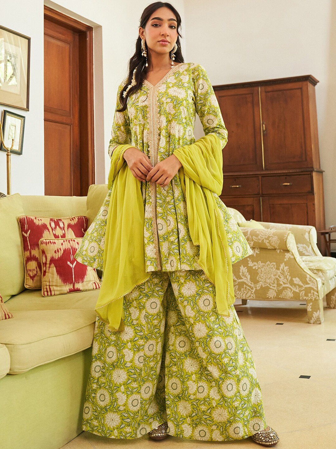 Janasya Floral Printed Gotta Patti Pure Cotton Anarkali Kurta With Palazzos & Dupatta, Green
Janasya Floral Printed Gotta Patti Pure Cotton Anarkali Kurta With Palazzos & Dupatta, Green