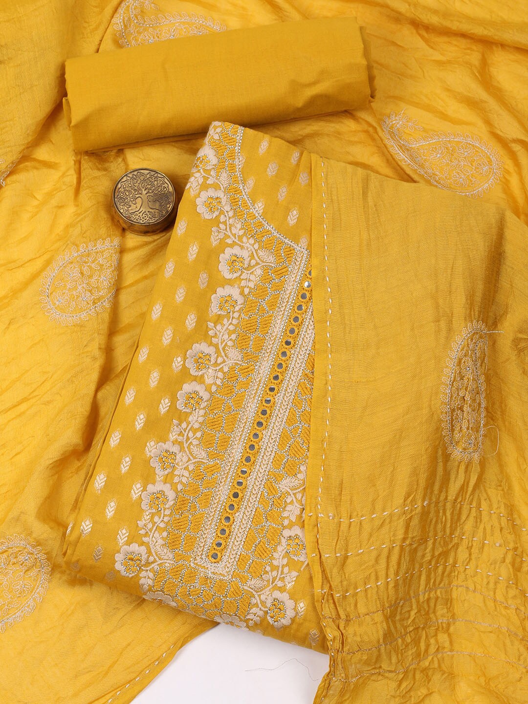 Meena Bazaar Ethnic Motifs Woven Design Mirror Work Unstitched Dress Material, Mustard
Meena Bazaar Ethnic Motifs Woven Design Mirror Work Unstitched Dress Material, Mustard