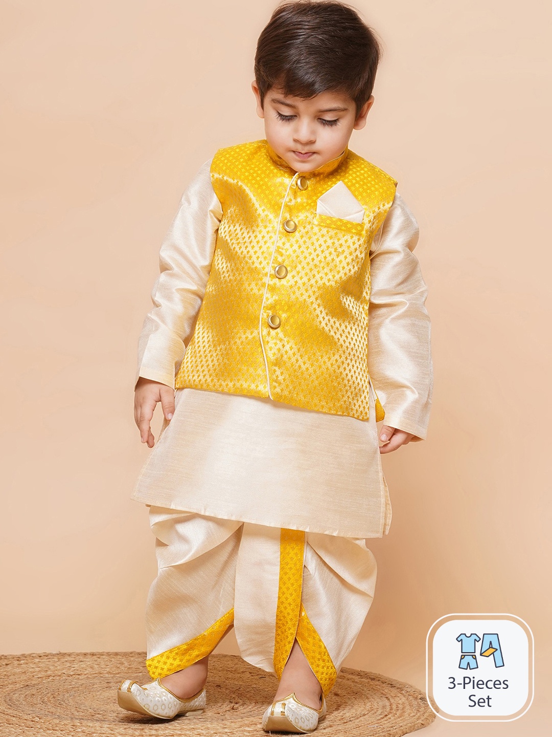 Aj DEZInES Boys Mandarin Collar Raw Silk Kurta with Dhoti Pants & Nehru jacket, Yellow
Aj DEZInES Boys Mandarin Collar Raw Silk Kurta with Dhoti Pants & Nehru jacket, Yellow