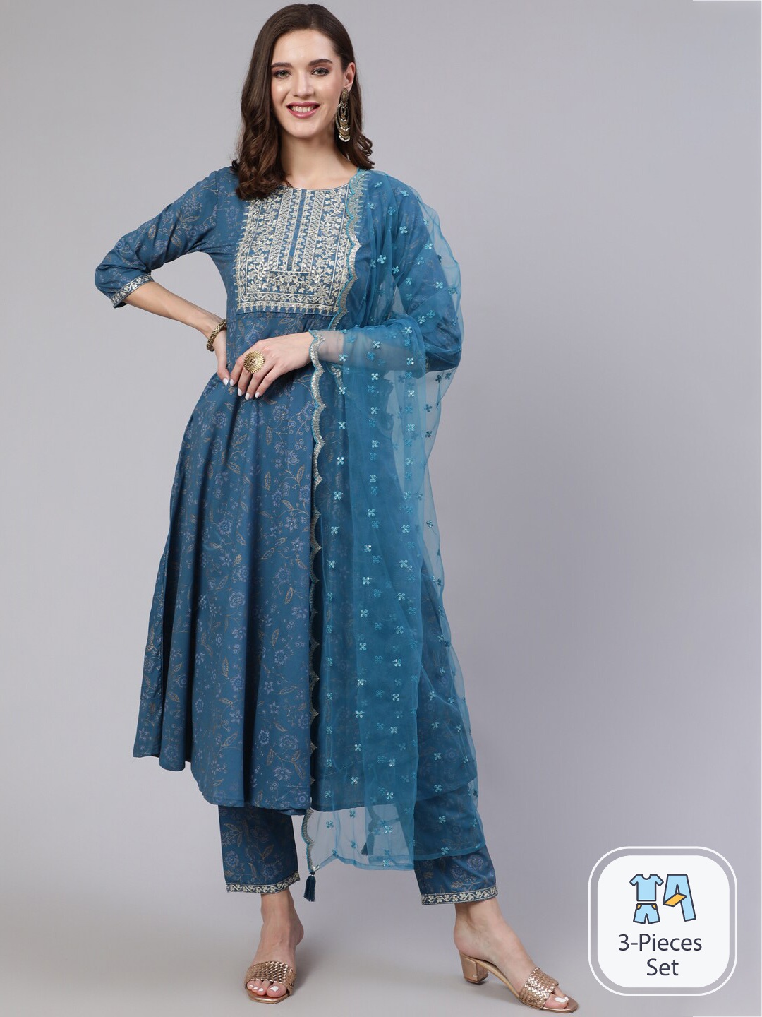 Nayo Floral Printed Regular Thread Work Pure Cotton Anarkali Kurta & Trousers With Dupatta, Blue
Nayo Floral Printed Regular Thread Work Pure Cotton Anarkali Kurta & Trousers With Dupatta, Blue