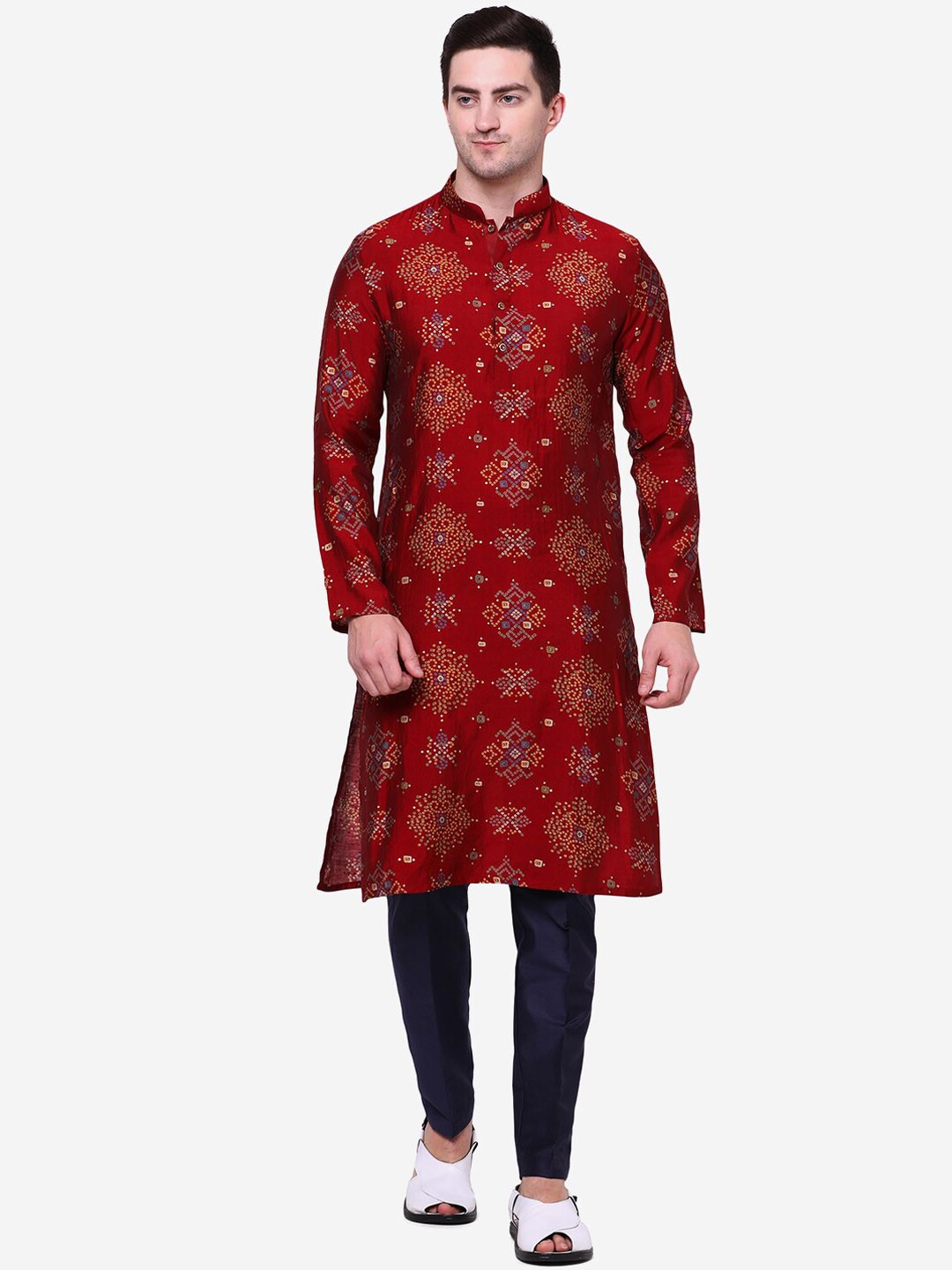THE KURTA COMPANY Ethnic Motifs Printed Mandarin Collar Kurta, Red