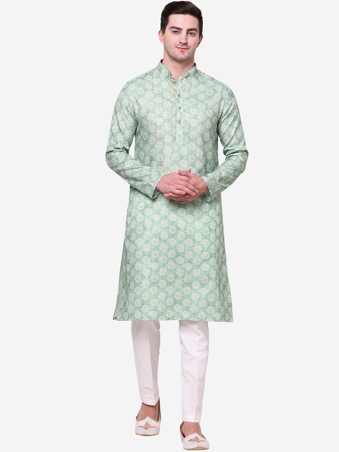 THE KURTA COMPANY Floral Printed Mandarin Collar Kurta, Green