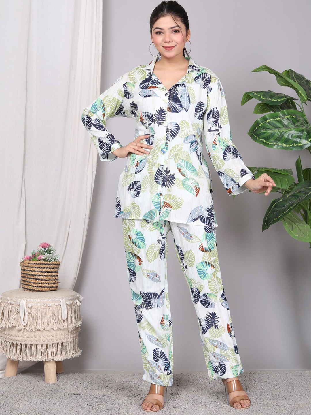 gvs shoppe Tropical Printed Shirt & Trouser Co-Ords, White
