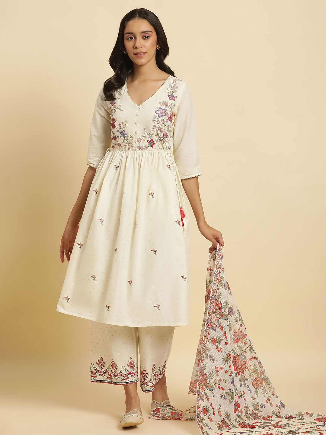 W Floral Embroidered Thread Work Pure Cotton A Line Kurta With Trousers & Dupatta, Off white
W Floral Embroidered Thread Work Pure Cotton A Line Kurta With Trousers & Dupatta, Off white