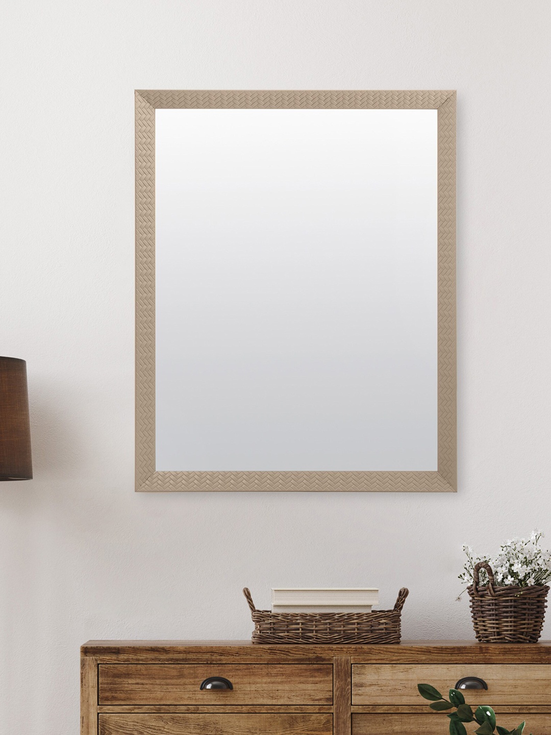 Home Centre Beige Weave Rectangle Mirror