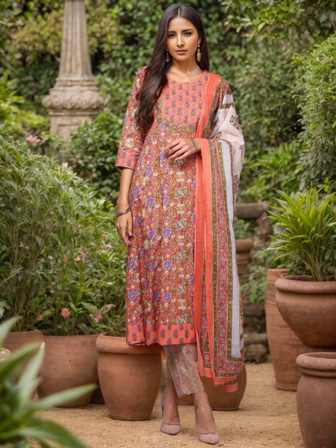 AHIKA Floral Printed Anarkali Pure Cotton Kurta with Trousers & Dupatta, Peach
AHIKA Floral Printed Anarkali Pure Cotton Kurta with Trousers & Dupatta, Peach