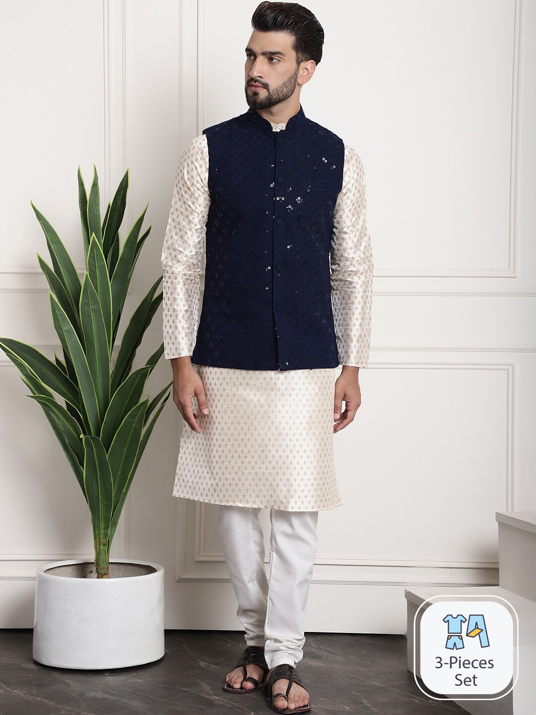 SOJANYA Ethnic Motifs Printed Regular Sequinned Kurta With Churidar & Nehru Jacket, Cream
SOJANYA Ethnic Motifs Printed Regular Sequinned Kurta With Churidar & Nehru Jacket, Cream