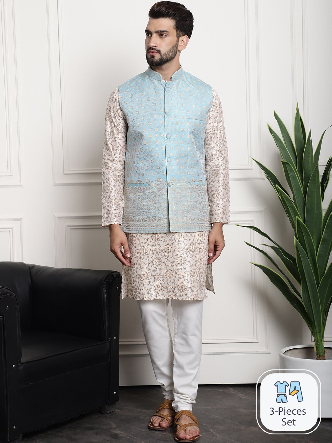 SOJANYA Floral Printed Regular Silk Cotton Kurta With Churidar & Woven Design Nehru Jacket, Cream
SOJANYA Floral Printed Regular Silk Cotton Kurta With Churidar & Woven Design Nehru Jacket, Cream