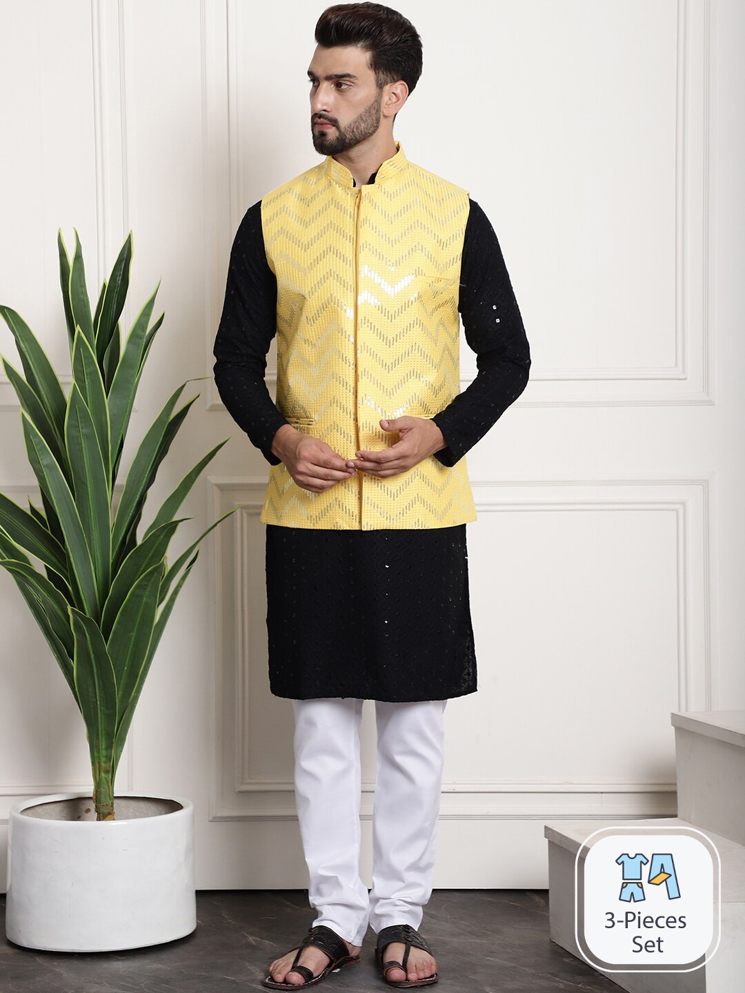SOJANYA Embroidered Regular Sequinned Pure Cotton Kurta With Churidar & Nehru Jacket, Black
SOJANYA Embroidered Regular Sequinned Pure Cotton Kurta With Churidar & Nehru Jacket, Black