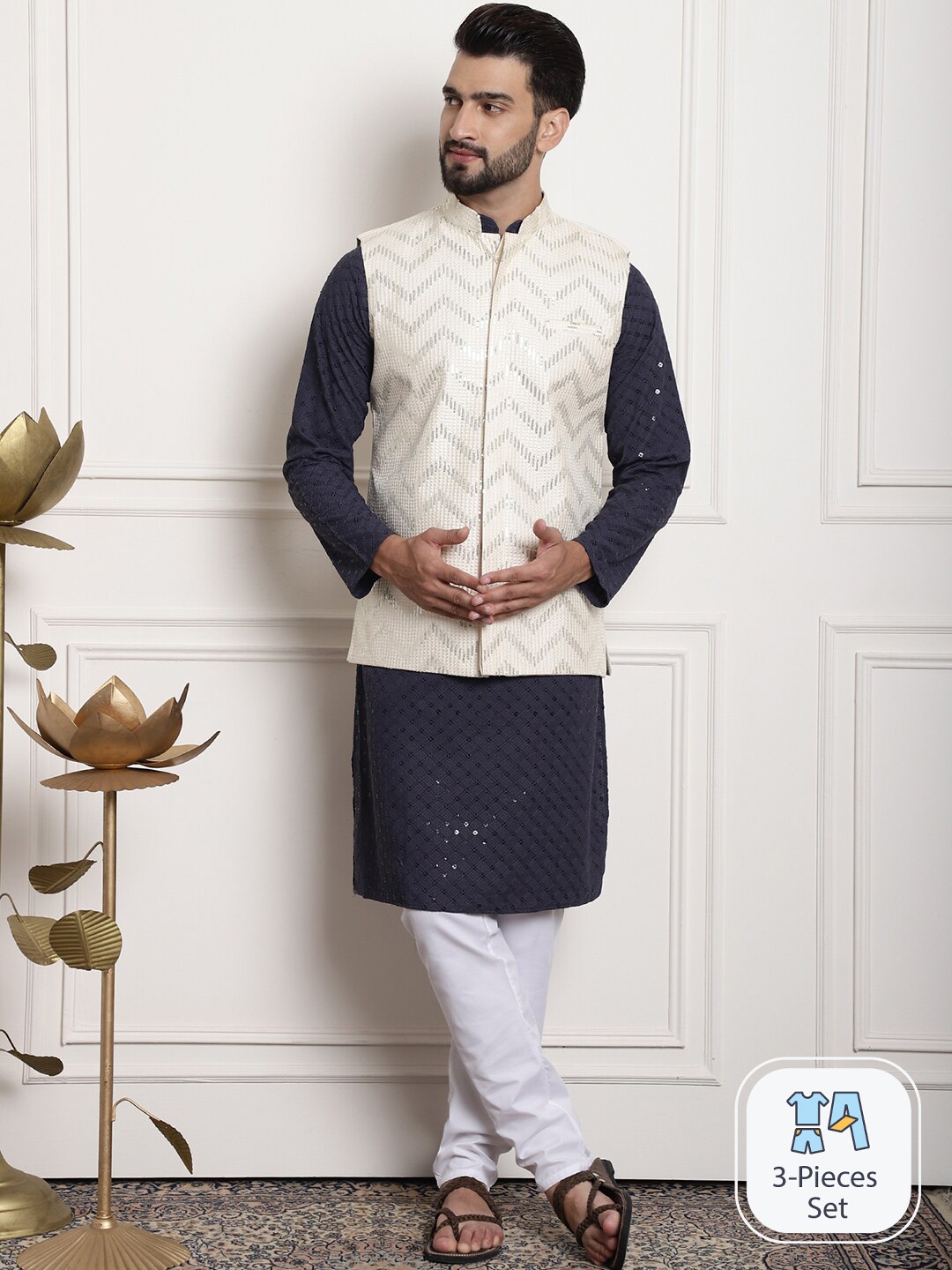 SOJANYA Geometric Embroidered Sequinned Pure Cotton Kurta & Churidar With Nehrujacket, Grey
SOJANYA Geometric Embroidered Sequinned Pure Cotton Kurta & Churidar With Nehrujacket, Grey