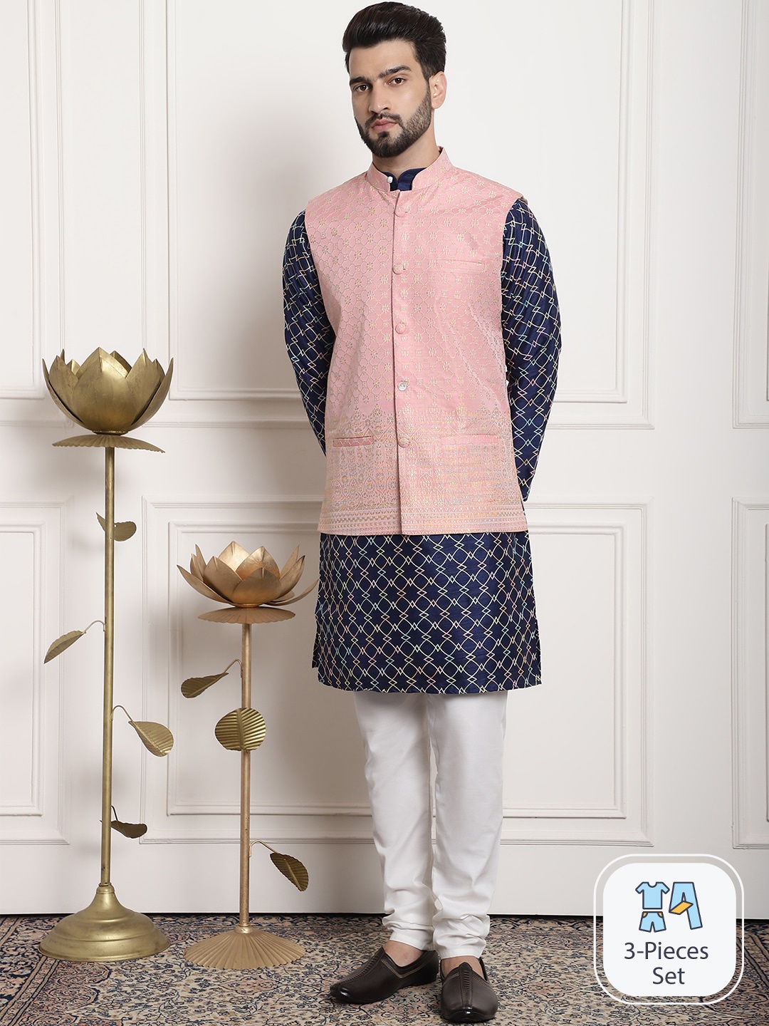 SOJANYA Embroidered Thread Work Silk Cotton Kurta With Churidar & Nehru Jacket, Navy blue
SOJANYA Embroidered Thread Work Silk Cotton Kurta With Churidar & Nehru Jacket, Navy blue