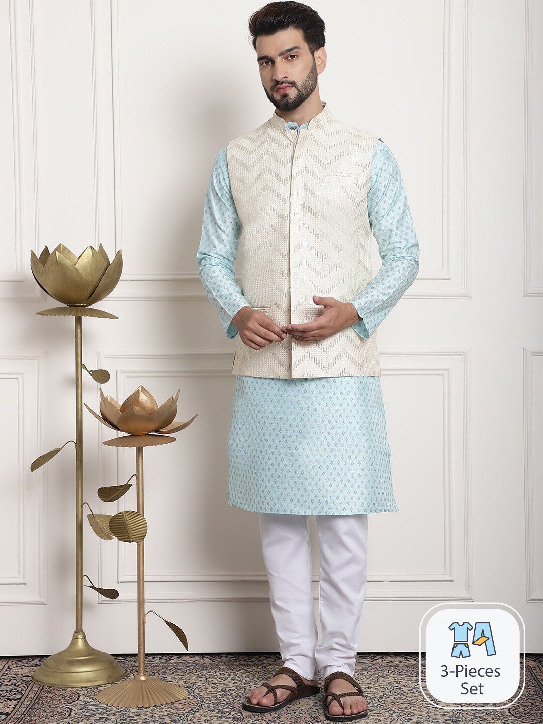 SOJANYA Ethnic Motifs Printed Sequinned Regular Kurta With Churidar & Nehru Jacket, Blue
SOJANYA Ethnic Motifs Printed Sequinned Regular Kurta With Churidar & Nehru Jacket, Blue