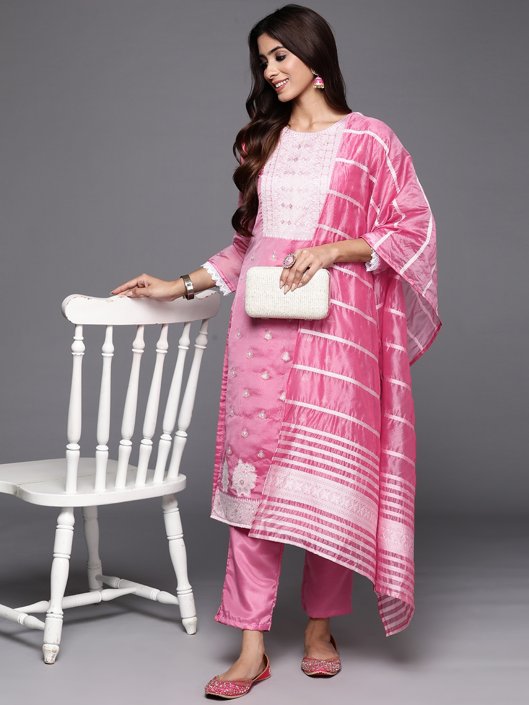 Indo Era Women Ethnic Motifs Woven Design Chanderi Silk Kurta with Trousers & With Dupatta, Pink
Indo Era Women Ethnic Motifs Woven Design Chanderi Silk Kurta with Trousers & With Dupatta, Pink