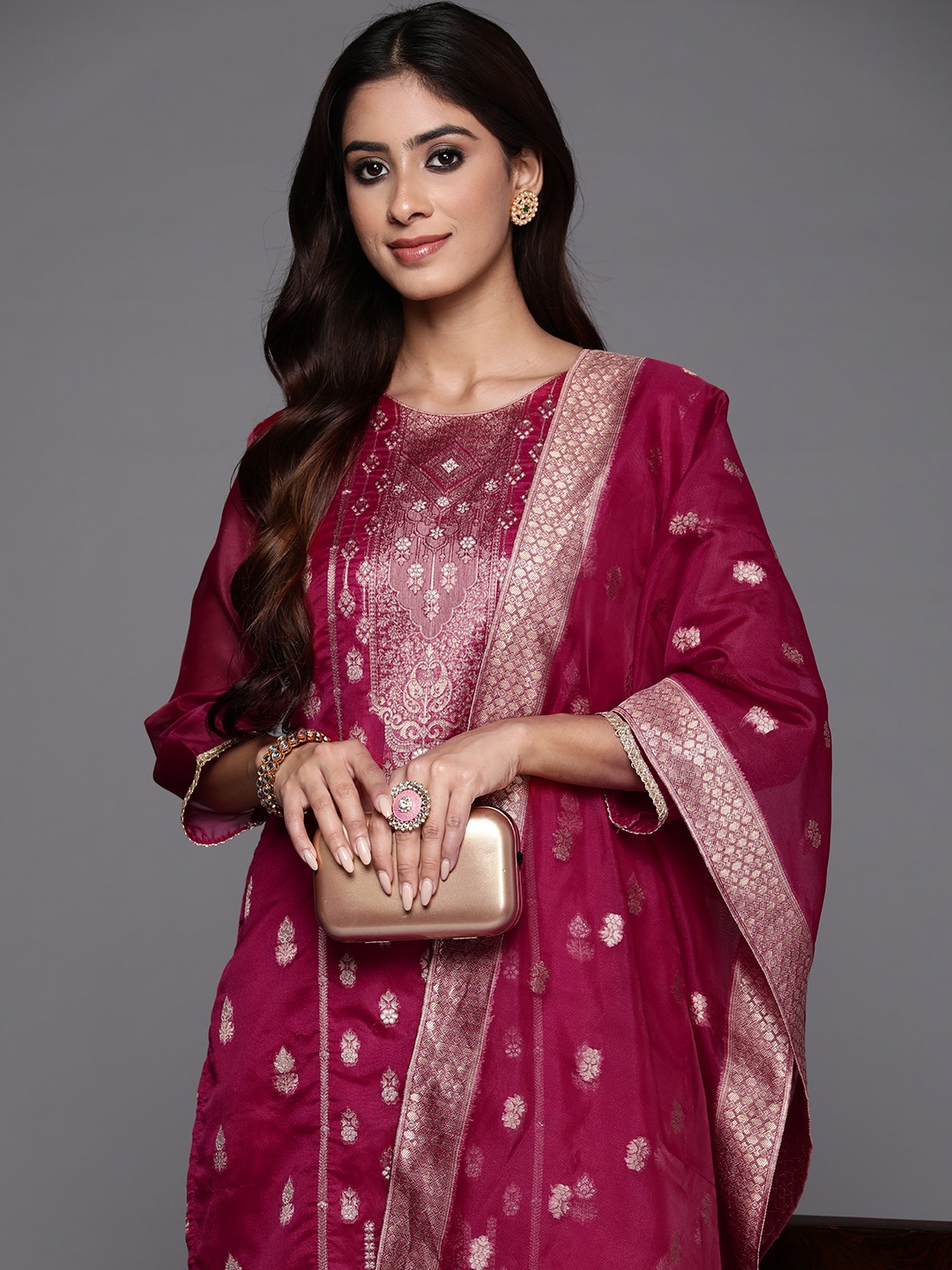 Indo Era Women Ethnic Motifs Regular Chanderi Silk Kurta with Trousers & Dupatta, Magenta
Indo Era Women Ethnic Motifs Regular Chanderi Silk Kurta with Trousers & Dupatta, Magenta