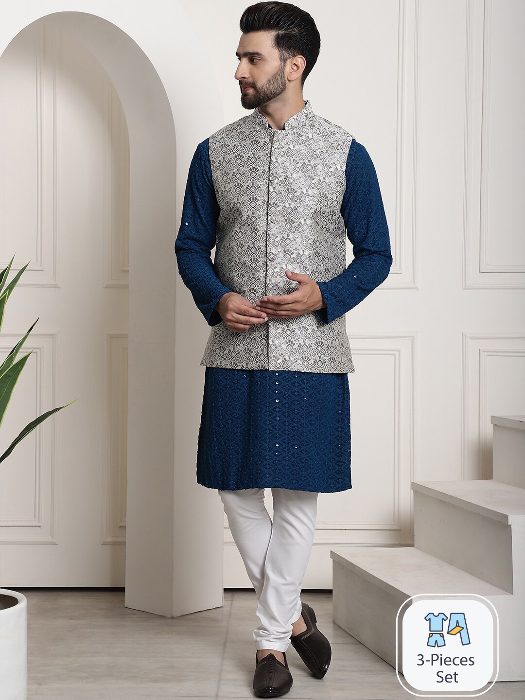 SOJANYA Ethnic Embroidered Sequinned Pure Cotton Kurta With Churidar & Nehru Jacket, Teal
SOJANYA Ethnic Embroidered Sequinned Pure Cotton Kurta With Churidar & Nehru Jacket, Teal
