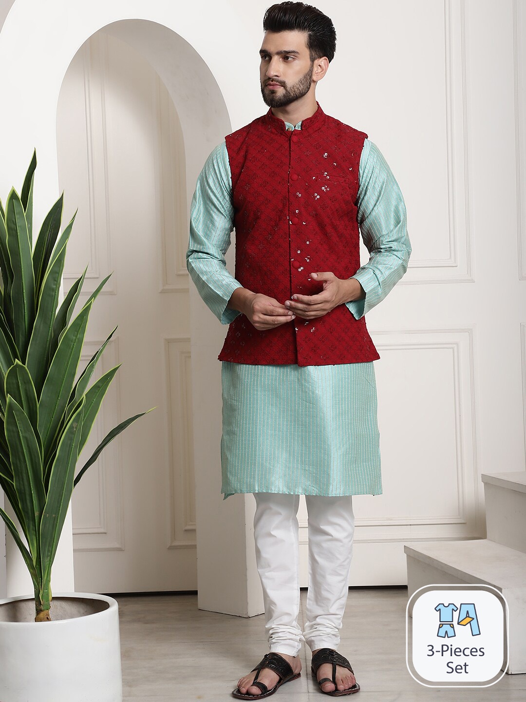SOJANYA Sequinned Embellished Striped Regular Kurta & Churidar With Nehru Jacket, Sea green
SOJANYA Sequinned Embellished Striped Regular Kurta & Churidar With Nehru Jacket, Sea green