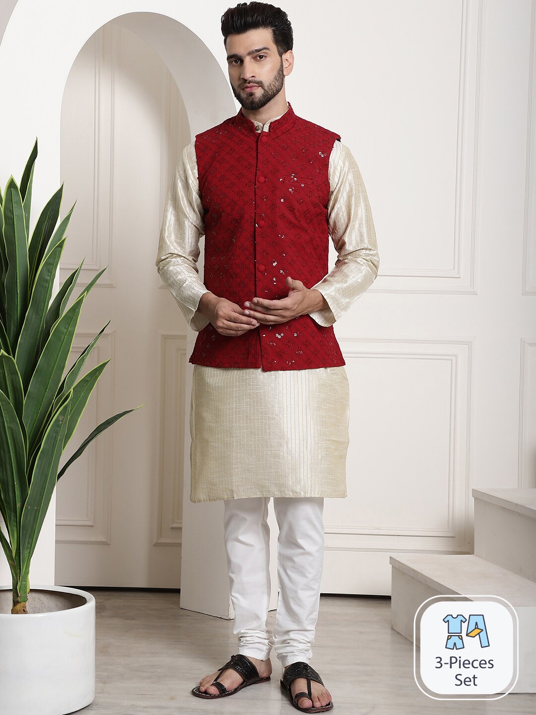 SOJANYA Striped Regular Silk Cotton Kurta With Churidar & Embellished Nehru Jacket, Cream
SOJANYA Striped Regular Silk Cotton Kurta With Churidar & Embellished Nehru Jacket, Cream