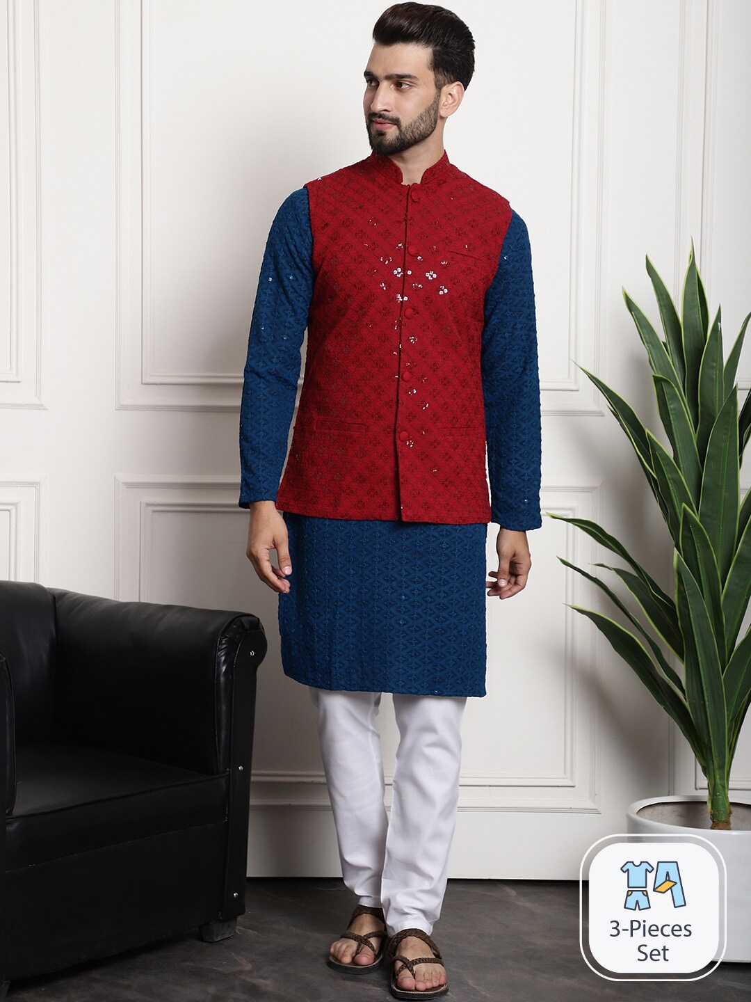 

SOJANYA Ethnic Motifs Sequinned Embroidered Pure Cotton Kurta With Churidar & Nehru Jacket, Navy blue