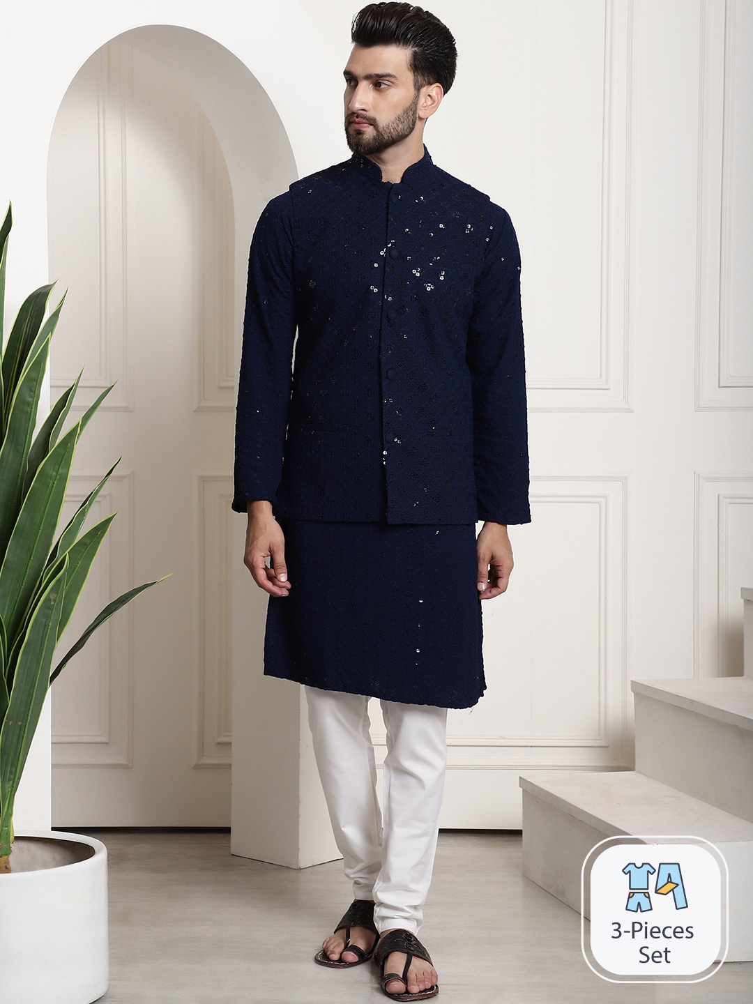 

SOJANYA Ethnic Motifs Embroidered Sequinned Pure Cotton Kurta With Churidar & Nehru Jacket, Navy blue
