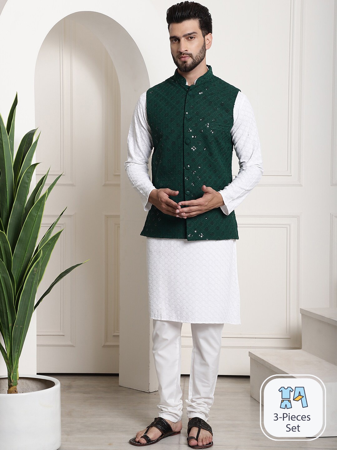 SOJANYA Ethnic Embroidered Sequinned Pure Cotton Kurta with Churidar & Nehru Jacket, White
SOJANYA Ethnic Embroidered Sequinned Pure Cotton Kurta with Churidar & Nehru Jacket, White