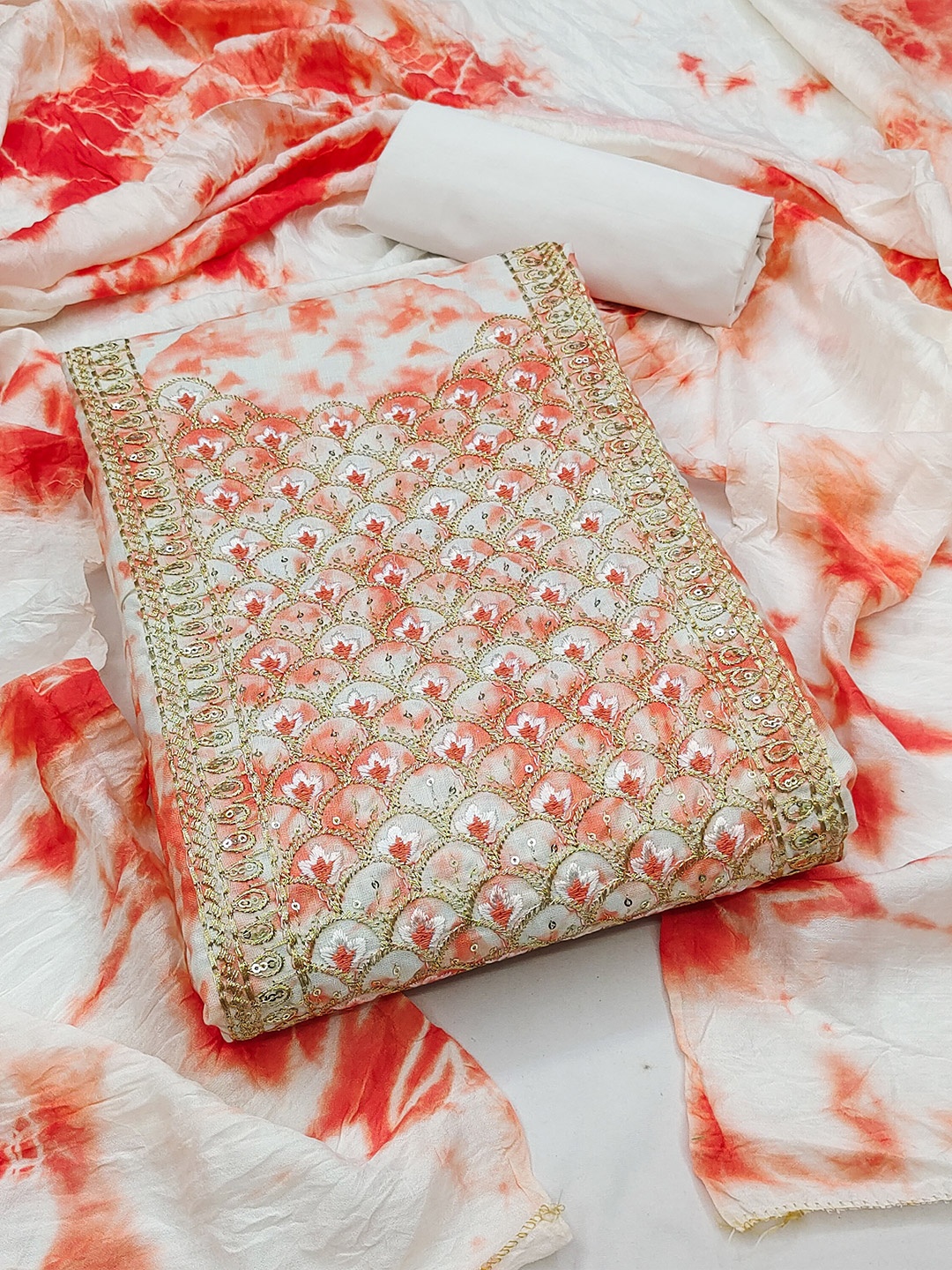 KALINI Ethnic Motifs Embroidered Sequinned Pure Cotton Unstitched Dress Material, Peach
KALINI Ethnic Motifs Embroidered Sequinned Pure Cotton Unstitched Dress Material, Peach