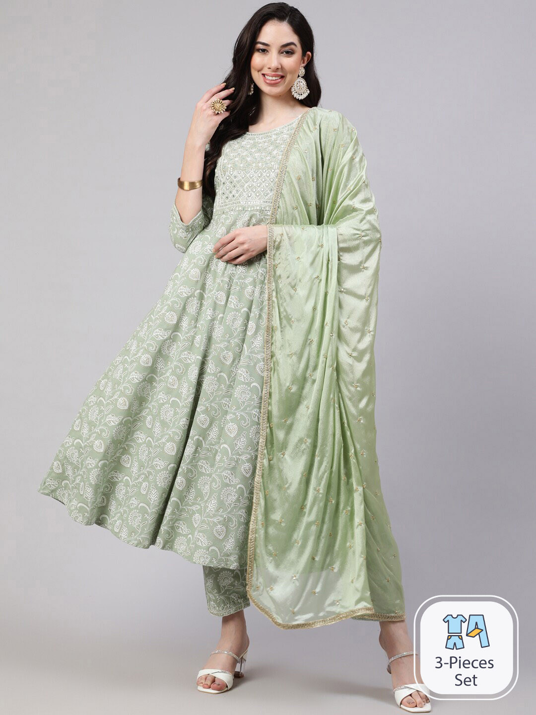 Nayo Floral Printed Regular Thread Work Pure Cotton Anarkali Kurta & Trousers With Dupatta, Green 
Nayo Floral Printed Regular Thread Work Pure Cotton Anarkali Kurta & Trousers With Dupatta, Green