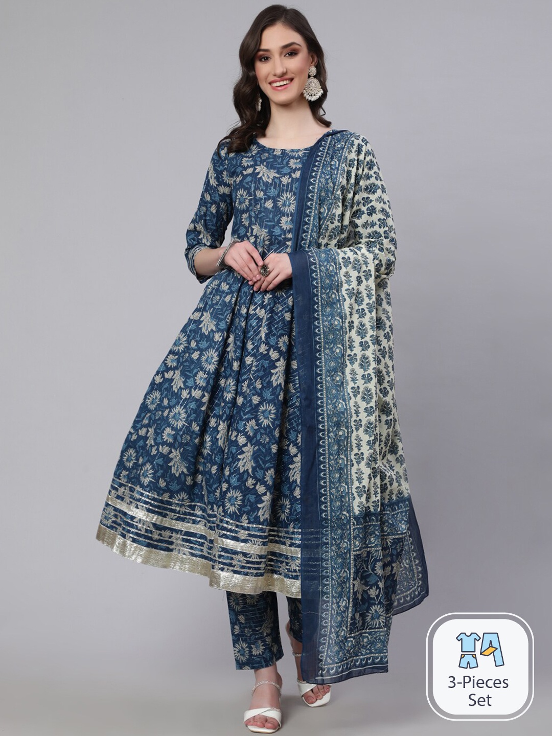 Nayo Floral Printed Regular Pure Cotton Anarkali Kurta & Trousers With Dupatta, Navy blue
Nayo Floral Printed Regular Pure Cotton Anarkali Kurta & Trousers With Dupatta, Navy blue