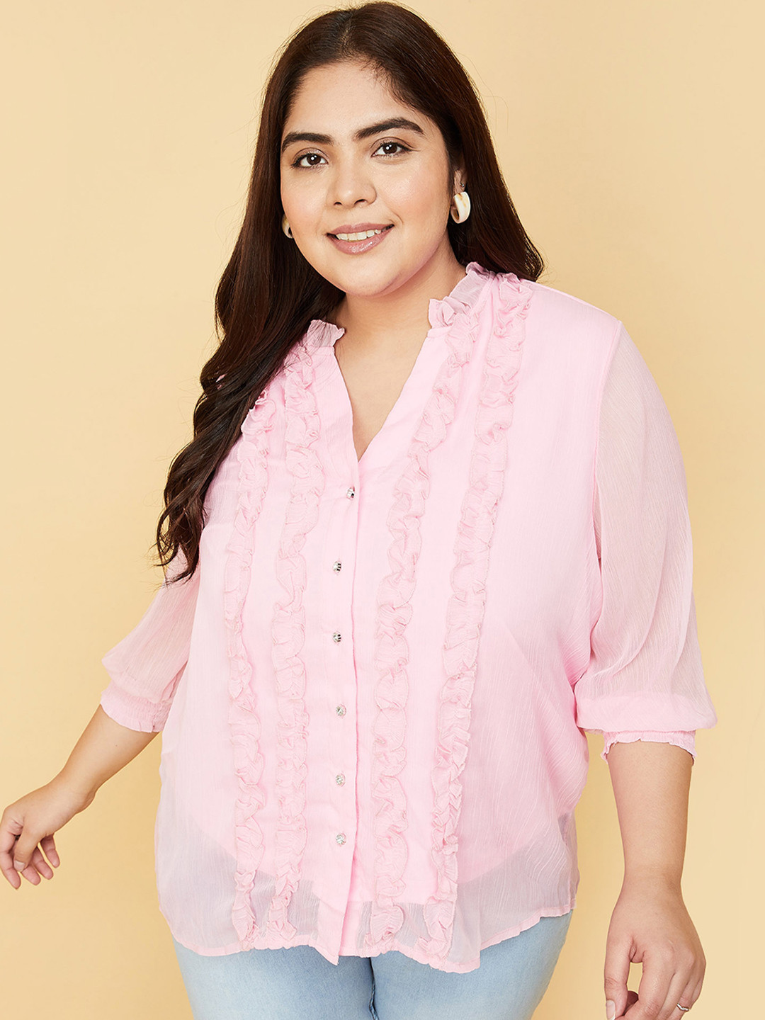 max Mandarin Collar Ruffles Shirt Style Top, Pink
max Mandarin Collar Ruffles Shirt Style Top, Pink